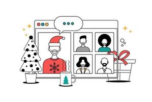 Christmas online greeting in outline style. people meeting online together with family or friends video calling on browser window virtual discussion. people meeting via videoconference on xmas vector