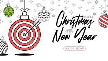 target christmas greeting card in trendy line style. Merry Christmas and Happy New Year outline cartoon Sports banner. target ball as a xmas ball on white background. Vector illustration.