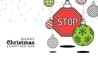 stop christmas greeting card in trendy line style. Merry Christmas and Happy New Year outline cartoon Sports banner. stop sign as a xmas ball on white background. Vector illustration.