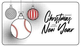 tarjeta de felicitación de navidad de béisbol en estilo de línea de moda. feliz navidad y feliz año nuevo esbozan banner deportivo de dibujos animados. pelota de béisbol como una bola de Navidad sobre fondo blanco. ilustración vectorial vector