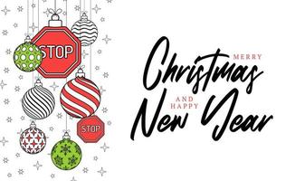 stop christmas greeting card in trendy line style. Merry Christmas and Happy New Year outline cartoon Sports banner. stop sign as a xmas ball on white background. Vector illustration.