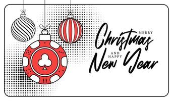 Poker christmas greeting card in trendy line style. Merry Christmas and Happy New Year outline cartoon Sports banner. casino chip as a xmas ball on white background. Vector illustration.