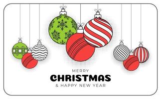 tarjeta de felicitación de navidad de cricket en estilo de línea de moda. feliz navidad y feliz año nuevo esbozan banner deportivo de dibujos animados. pelota de cricket como una bola de Navidad sobre fondo blanco. ilustración vectorial vector