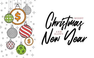 money christmas greeting card in trendy line style. Merry Christmas and Happy New Year outline cartoon money banner. coin as a xmas ball on white background. Vector illustration.