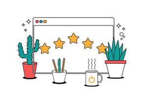 Star rating and feedback concept. cartoon line vector illustration style minimal browser window with stars and cursor.
