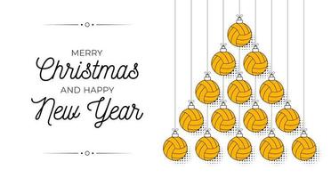 tarjeta de felicitación de árbol de adorno de navidad y año nuevo de voleibol. árbol de navidad creativo hecho por voleibol. banner de tarjeta de felicitación de deporte de vector plano de esquema de navidad y año nuevo. estilo de moda vector