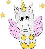 lindo unicornio volador de dibujos animados con estrellas vector