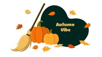 Autumn Vibe Vector Background With Pumpkins, Broom and Fallen Leaves. Perfect for Web Banners, Social Media, Printed Materials, etc.
