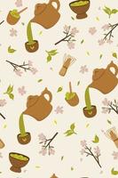 Seamless pattern with green tea and sakura. Vector graphics.