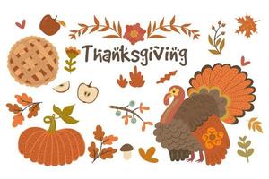 Set of Thanksgiving Day objects isolated on white background. Vector graphics.