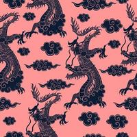 Seamless pattern with Chinese dragon in blue on a pink background. Vector graphics.