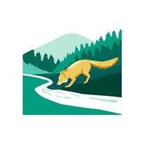 Fox Drinking River Creek Woods Square Retro vector