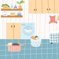 Laundry room with basket full of clothes, shelves with detergents and flowers, wet clothes dry on a rope in cartoon flat style. Vector illustration of bathroom interior.