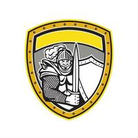 Knight Full Armor Open Visor Sword Shield Crest Retro vector