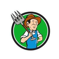 Farmer Pitchfork On Shoulder Circle Cartoon vector