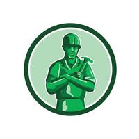 Green Builder Holding Hammer Circle Retro vector