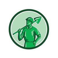 Green Miner Holding Shovel Circle Retro vector