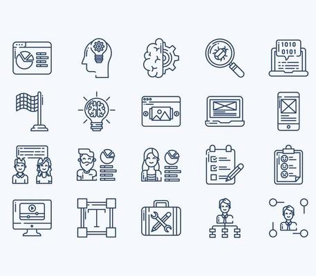 Simple icon set of 40 UX ans UI Vector Line Icons. Contains such Icons as Idea, bug, user, mobile, tap and more web icons set. Collection of vector set. 512x512 Pixel Perfect.