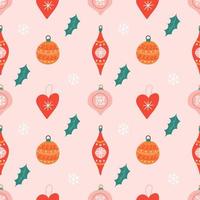 Christmas tree toys with snowflakes on pink background, vector seamless pattern