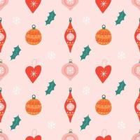 Christmas tree toys with snowflakes on pink background, vector seamless pattern