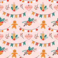 Cute Christmas vector pattern with festive symbols on pink background
