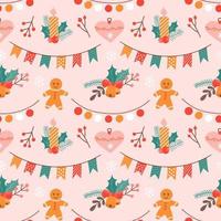 Cute Christmas vector pattern with festive symbols on pink background