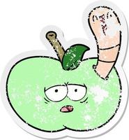 distressed sticker of a cartoon worm in apple vector