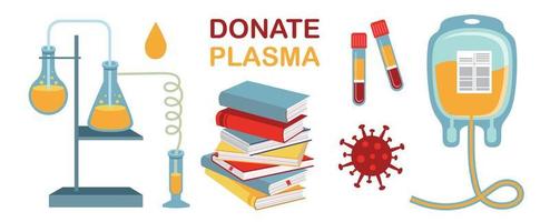 Donate plasma. Medical analysis. Stack of books flat vector illustration.