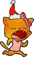 textured cartoon of a yawning cat wearing santa hat vector
