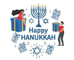 feliz hanukkah, gente con regalos. vector