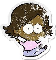 distressed sticker of a happy cartoon girl vector