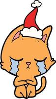 crying line drawing of a cat sitting wearing santa hat vector