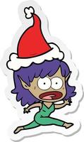 sticker cartoon of a shocked elf girl wearing santa hat vector