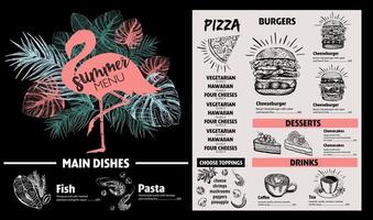 Restaurant food menu design. Summer menu, hand drawn illustrations. Vector food flyer.