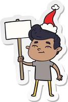 happy sticker cartoon of a man with sign wearing santa hat vector