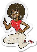 retro distressed sticker of a cartoon sitting woman with idea vector