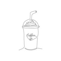 café frappuccino en un vaso de plástico con pajita. dibujo de una sola línea continua ilustración vectorial diseño de estilo dibujado a mano para el concepto de alimentos y bebidas vector