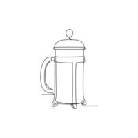 cafetera de prensa francesa sobre fondo blanco - dibujo de una línea continua ilustración vectorial diseño de estilo dibujado a mano para el concepto de alimentos y bebidas vector