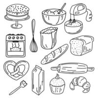 conjunto dibujado a mano de elementos para hornear y cocinar. estilo de dibujo de fideos. colección de elementos de panadería. ilustración para icono, menú, diseño de recetas. vector