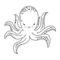 Funny octopus character in hand drawn doodle style. Vector illustration isolated on white background.