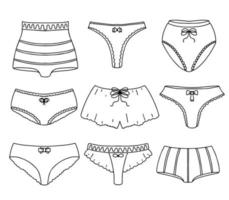 Female underwear collection in hand drawn doodle style. Female underwear of different types, shapes. Modern underclothing. Vector illustrations isolated on white background.