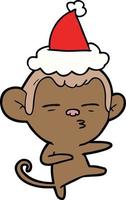 line drawing of a suspicious monkey wearing santa hat vector