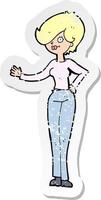 retro distressed sticker of a cartoon woman waving vector