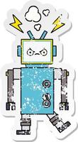 distressed sticker of a cute cartoon robot vector