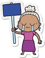 sticker of a cartoon old woman crying while protesting vector