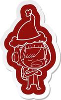 cartoon  sticker of a astronaut woman explaining wearing santa hat vector