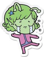 sticker of a cartoon crying alien girl vector