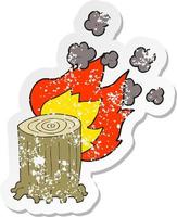 retro distressed sticker of a cartoon tree stump on fire vector