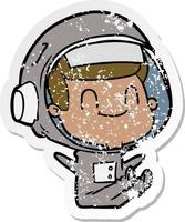 distressed sticker of a happy cartoon astronaut man vector