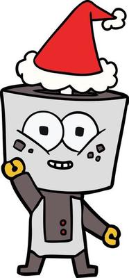 happy line drawing of a robot waving hello wearing santa hat
